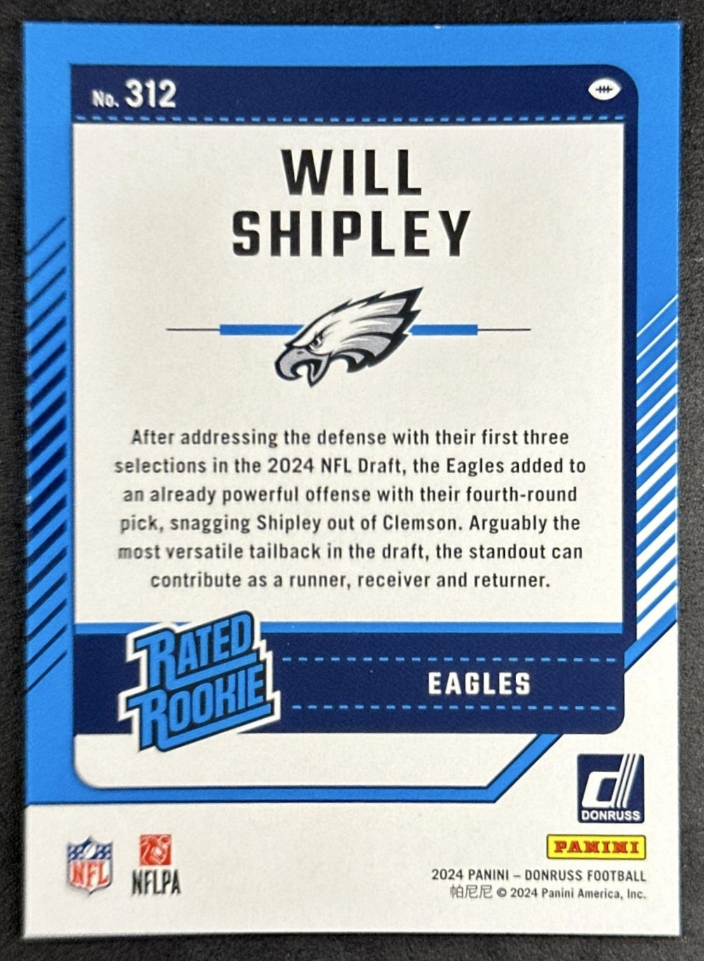 Will Shipley 2024 Panini Donruss Press Proof Green Eagles Sports Trading Card