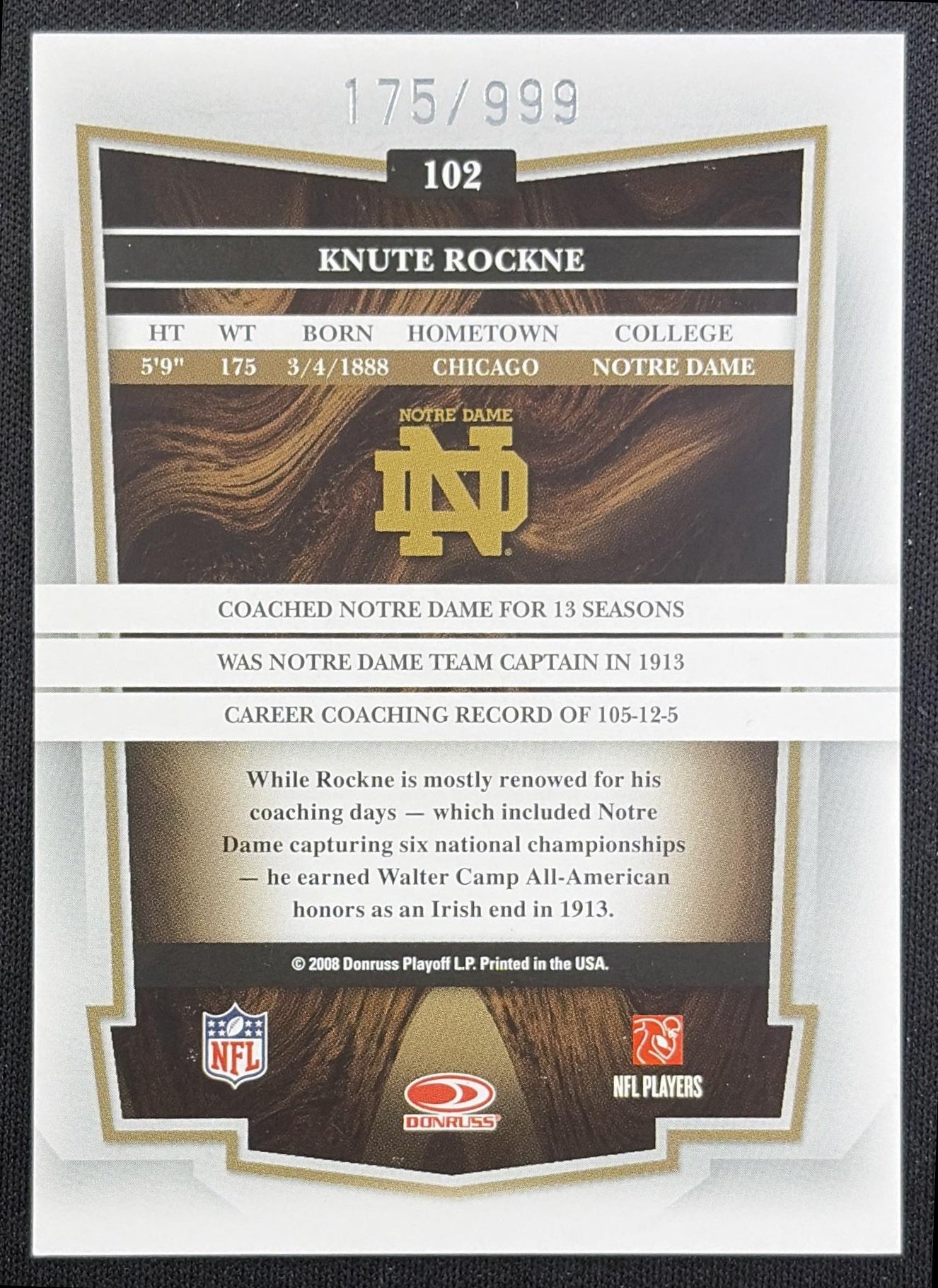 Knute Rockne 2008 Donruss Classics /999 Fighting Irish Notre Dame Fighting Irish back