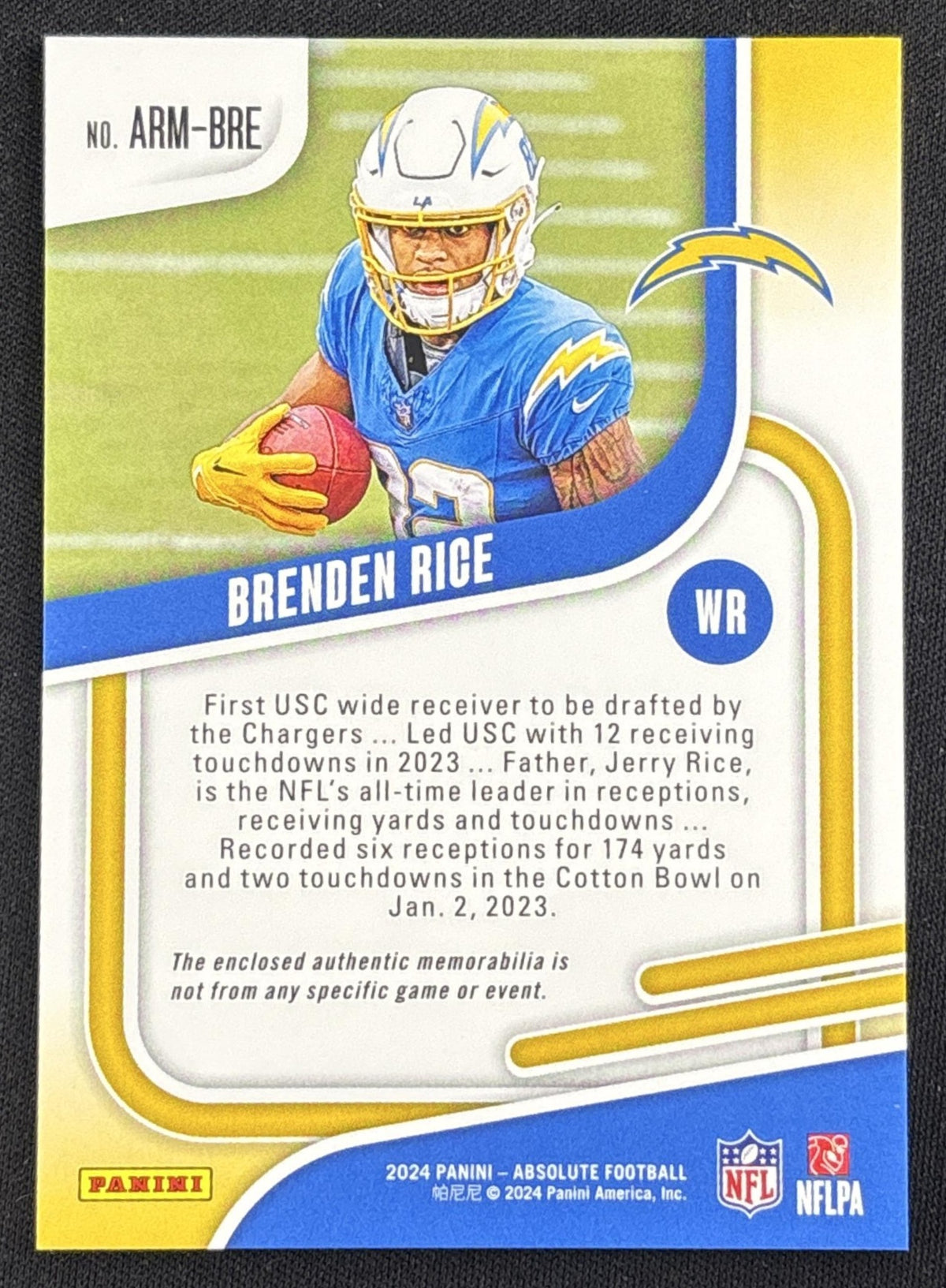 Brenden Rice 2024 Panini Absolute Rookie Materials Chargers