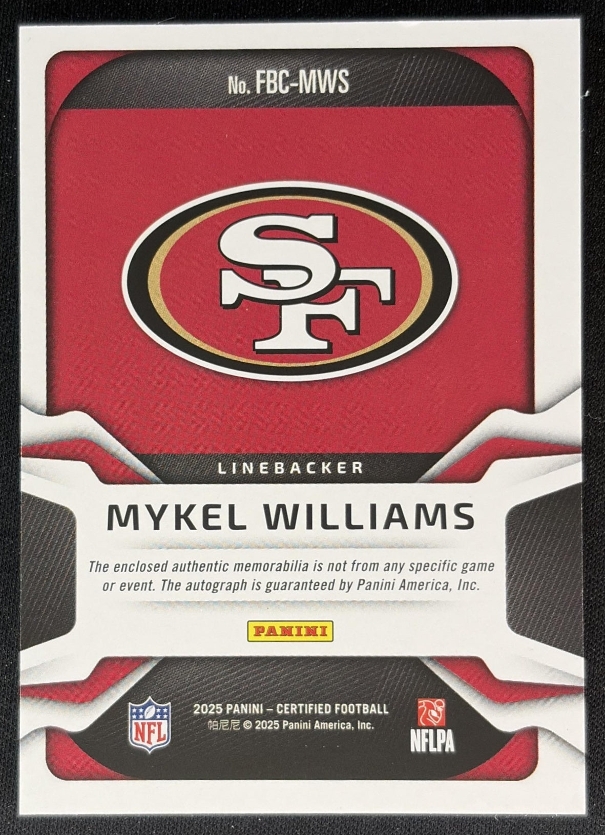 Mykel Williams 2025 Certified Freshman Fabric Mirror Signatures Red /99 49ers back