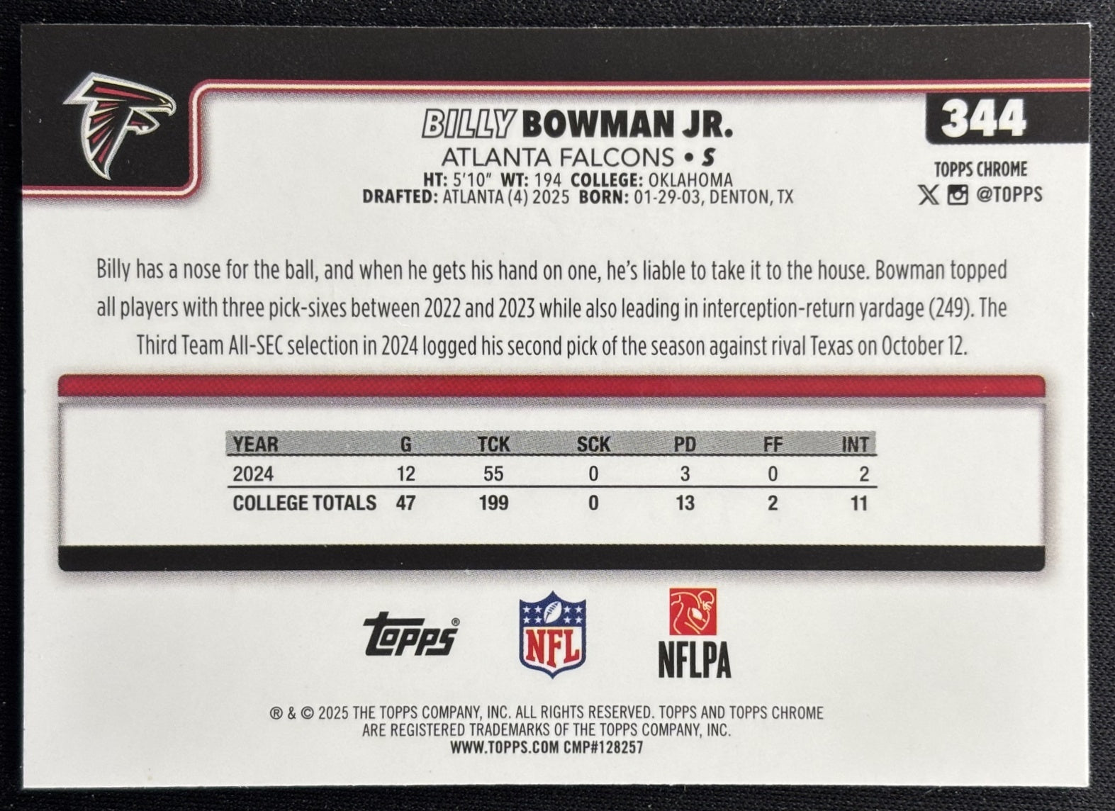 Billy Bowman Jr. 2025 Topps Chrome Rookie RayWave Refractor Falcons Sports Trading Cards