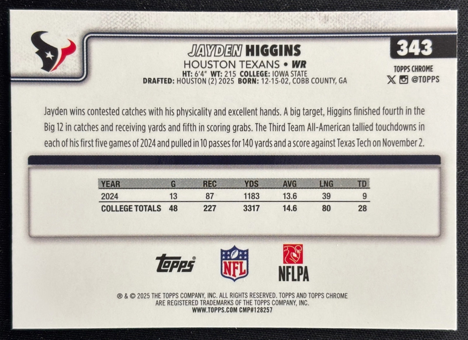 Jayden Higgins 2025 Topps Chrome Rookie Texans Sports Trading Cards