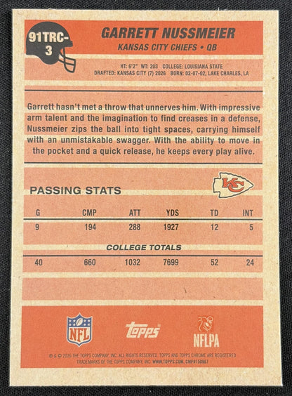 Garrett Nussmeier 2026 Topps 1991 Chrome Rookie Mojo Refractor Chiefs back