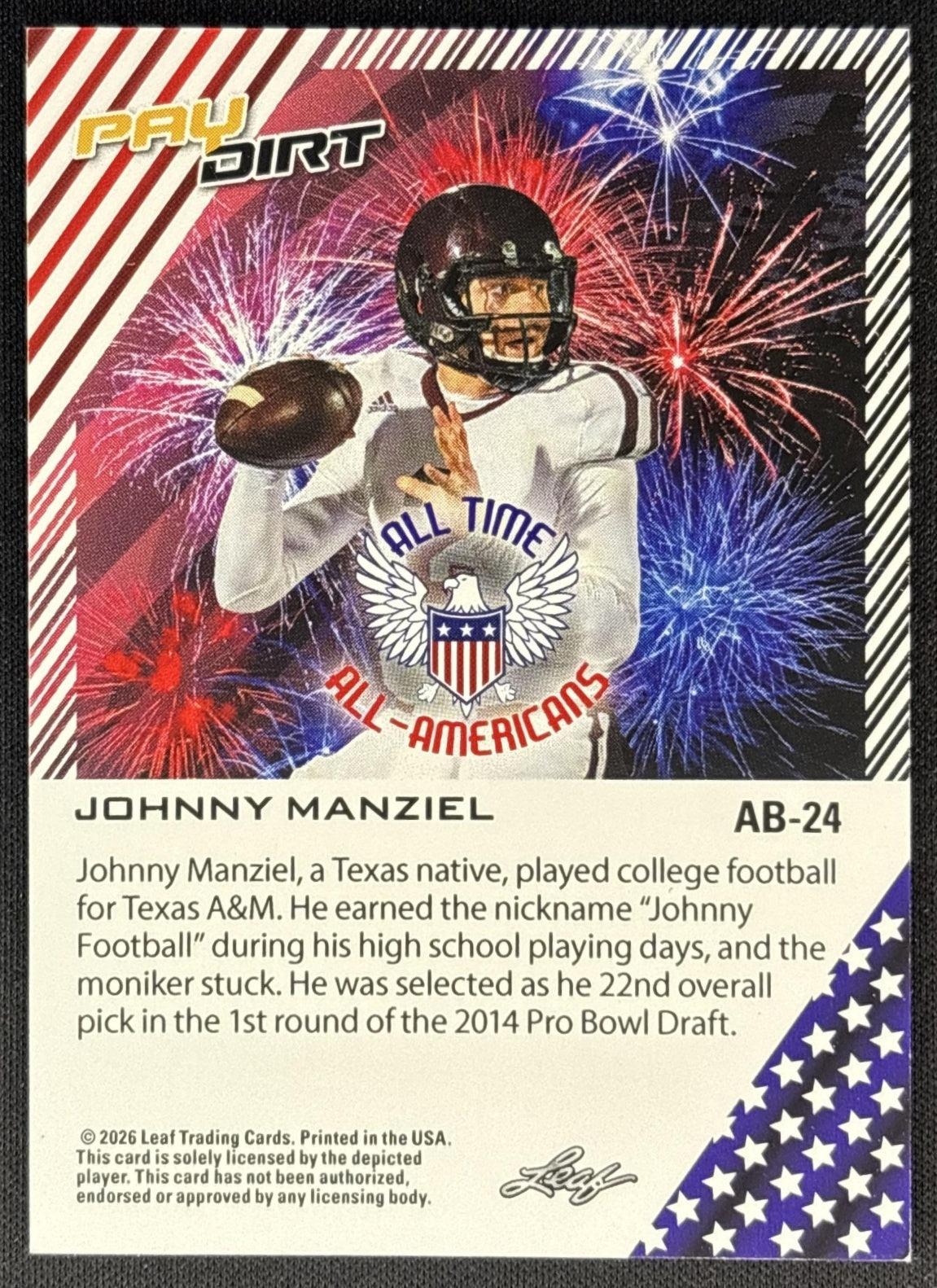 Johnny Manziel 2026 Leaf Paydirt All Time All-Americans Pink /30 back