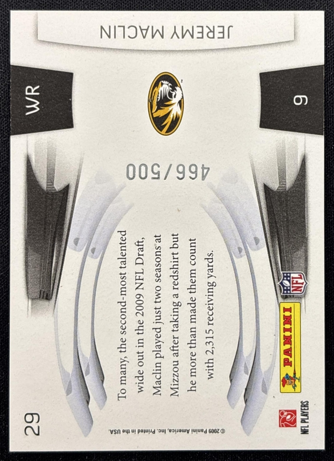 Jeremy Maclin 2009 Panini Playoff Prestige Prestigious Picks Green /500 Tigers back
