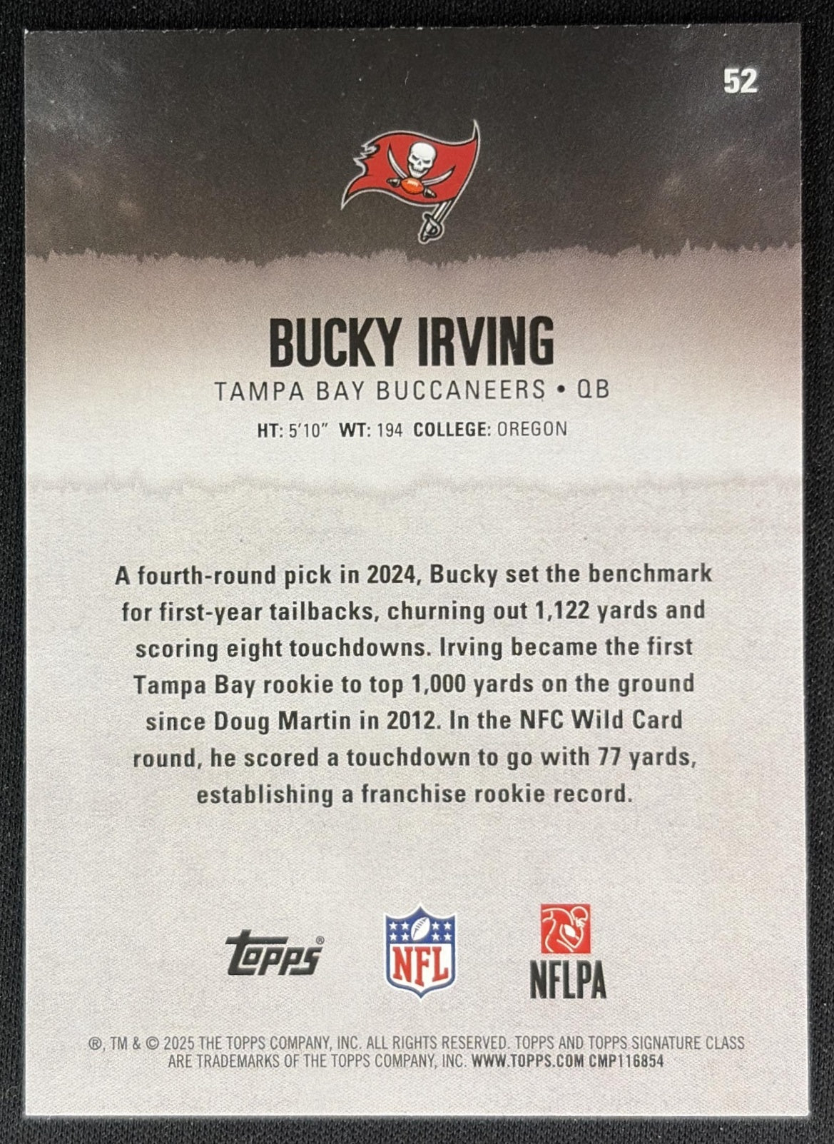 Bucky Irving 2025 Topps Signature Class Veteran Green & Purple Foil Buccaneers back
