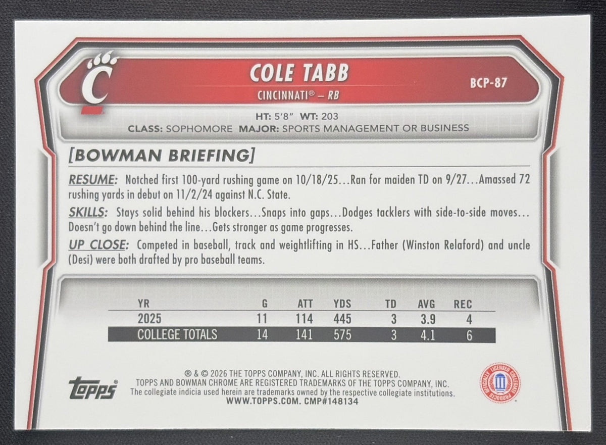 Cole Tabb 2026 Bowman Chrome Prospects Speckle Refractor Bearcats