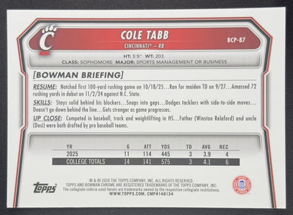 Cole Tabb 2026 Bowman Chrome Prospects Speckle Refractor Bearcats