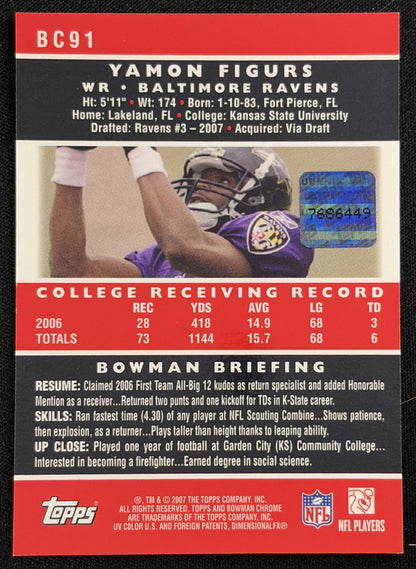 Yamon Figurs 2007 Bowman Chrome Rookie Auto Ravens sports trading card back