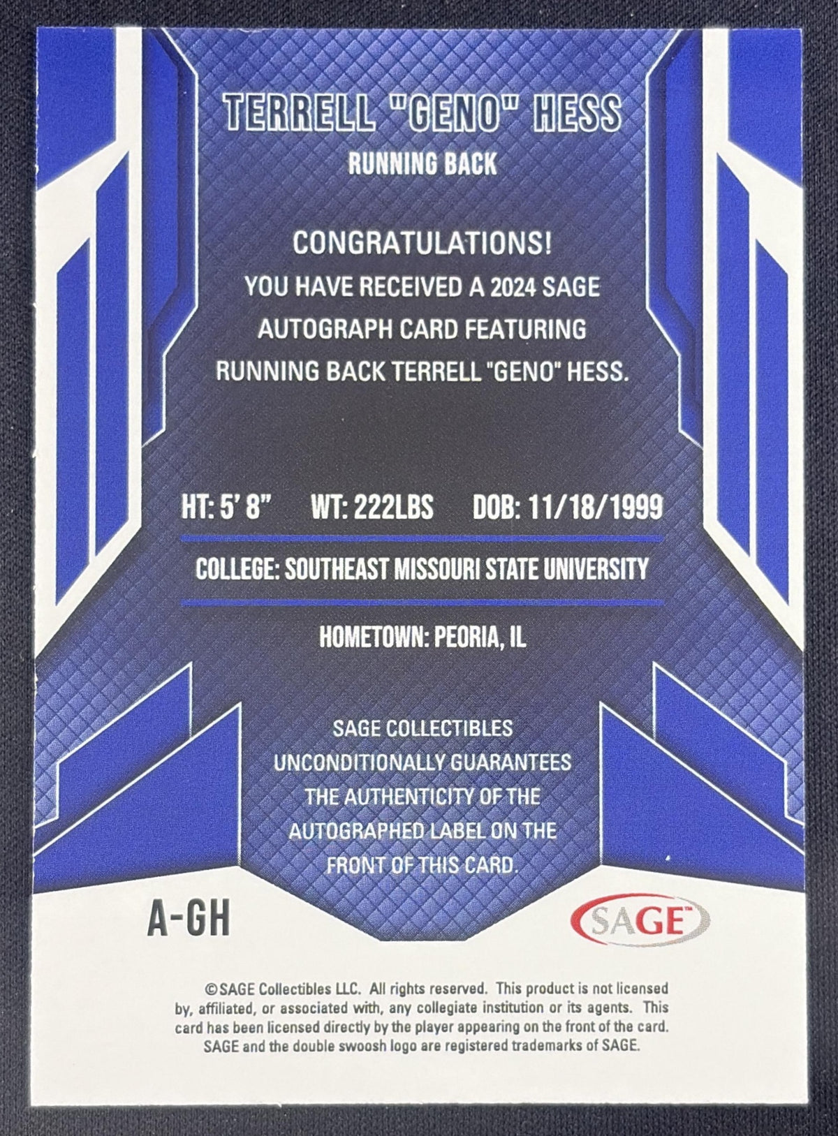 Geno Hess 2024 SAGE HIT Auto Red Low Series