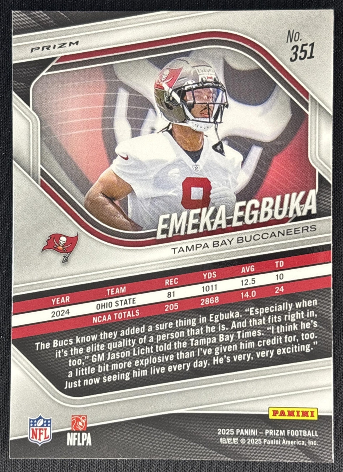 Emeka Egbuka 2025 Panini Prizm Lazer Buccaneers back