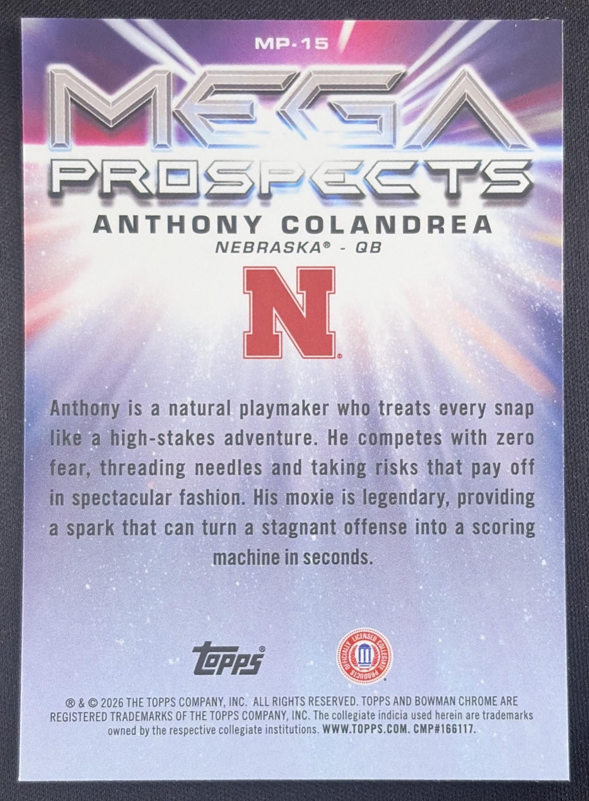Anthony Colandrea 2026 Bowman Chrome Mega Prospects Mojo Refractor Cornhuskers