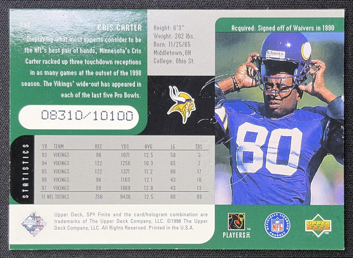Cris Carter 1998 SPx Finite /10100 Vikings back