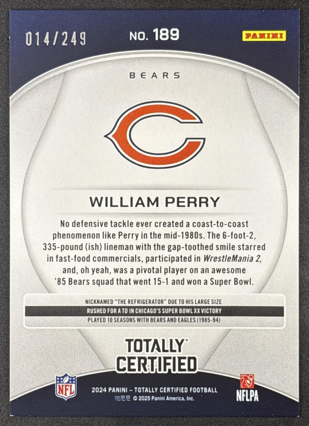 William Perry 2024 Panini Totally Certified Legends Mirror Red /249 Bears