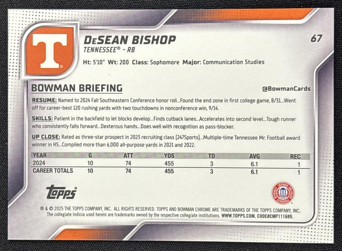 DeSean Bishop 2025 Bowman Chrome University Prospects Yellow Mini-Diamond Refractor /350 Volunteers