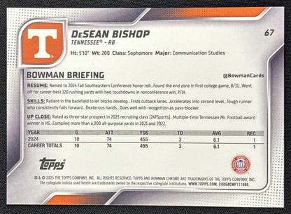 DeSean Bishop 2025 Bowman Chrome University Prospects Yellow Mini-Diamond Refractor /350 Volunteers
