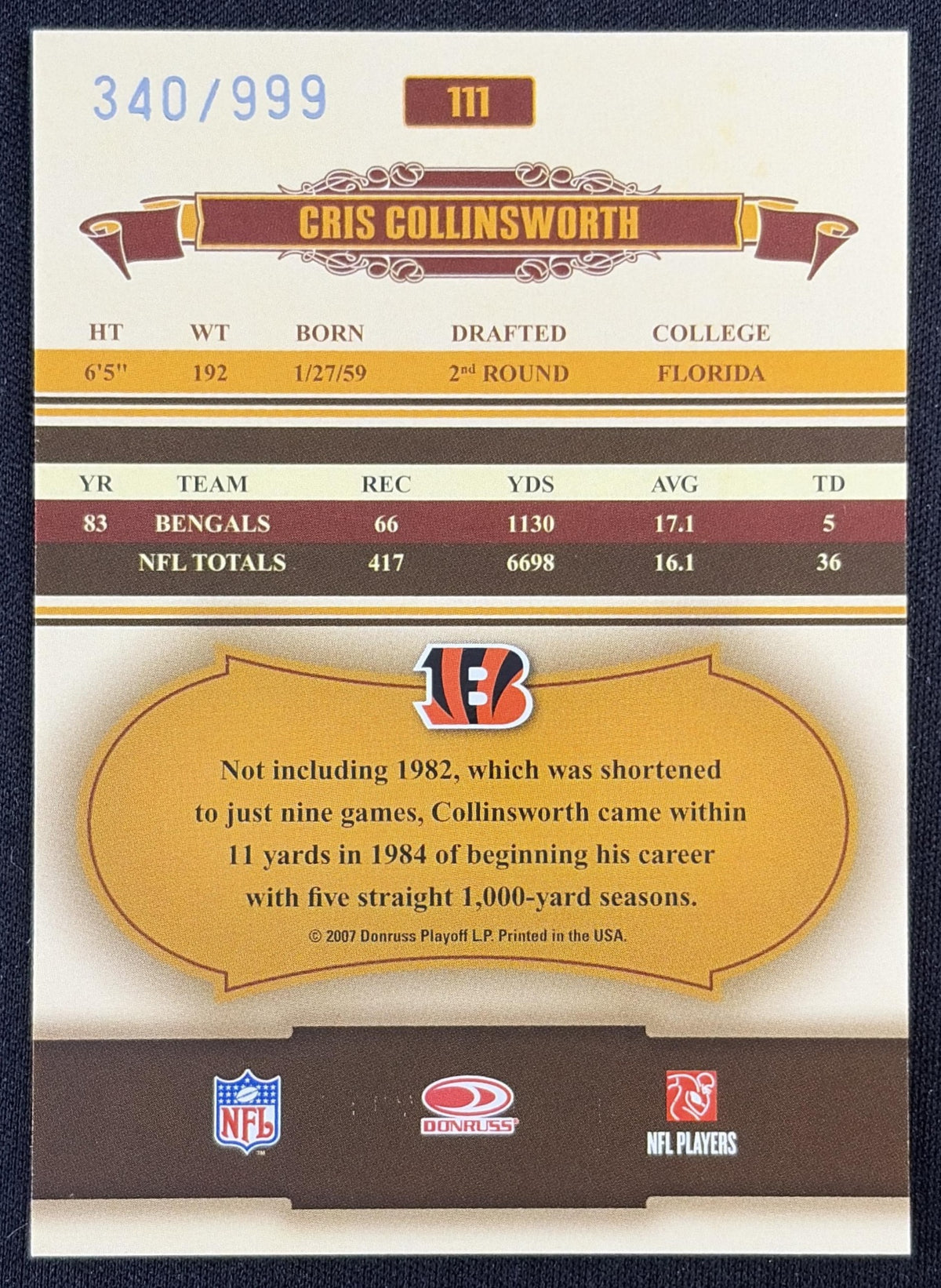 Cris Collinsworth 2007 Donruss Classics /999 Bengals