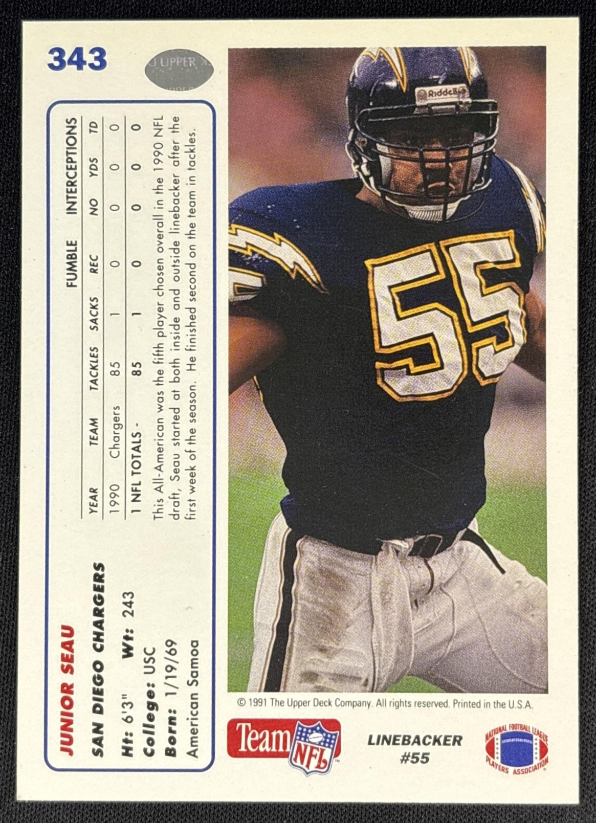 Junior Seau 1991 Upper Deck Chargers back