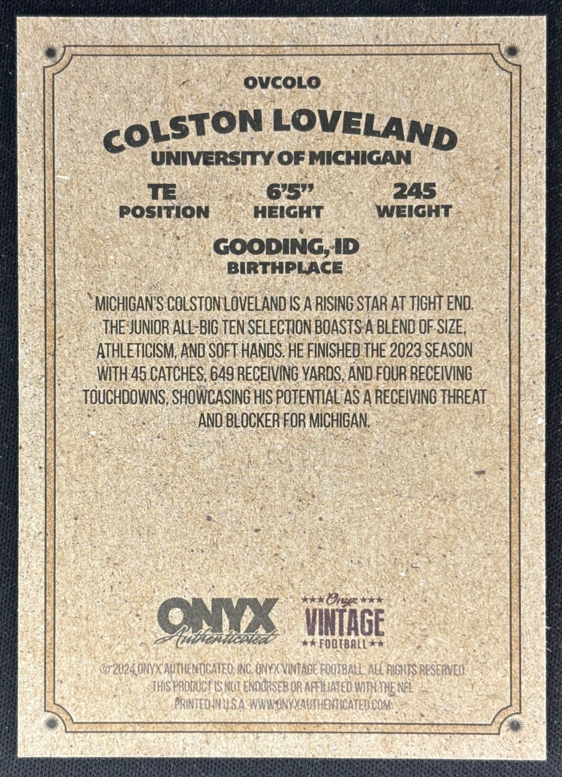 Colston Loveland 2024 Onyx Vintage Collection Wolverines Sports Trading Cards