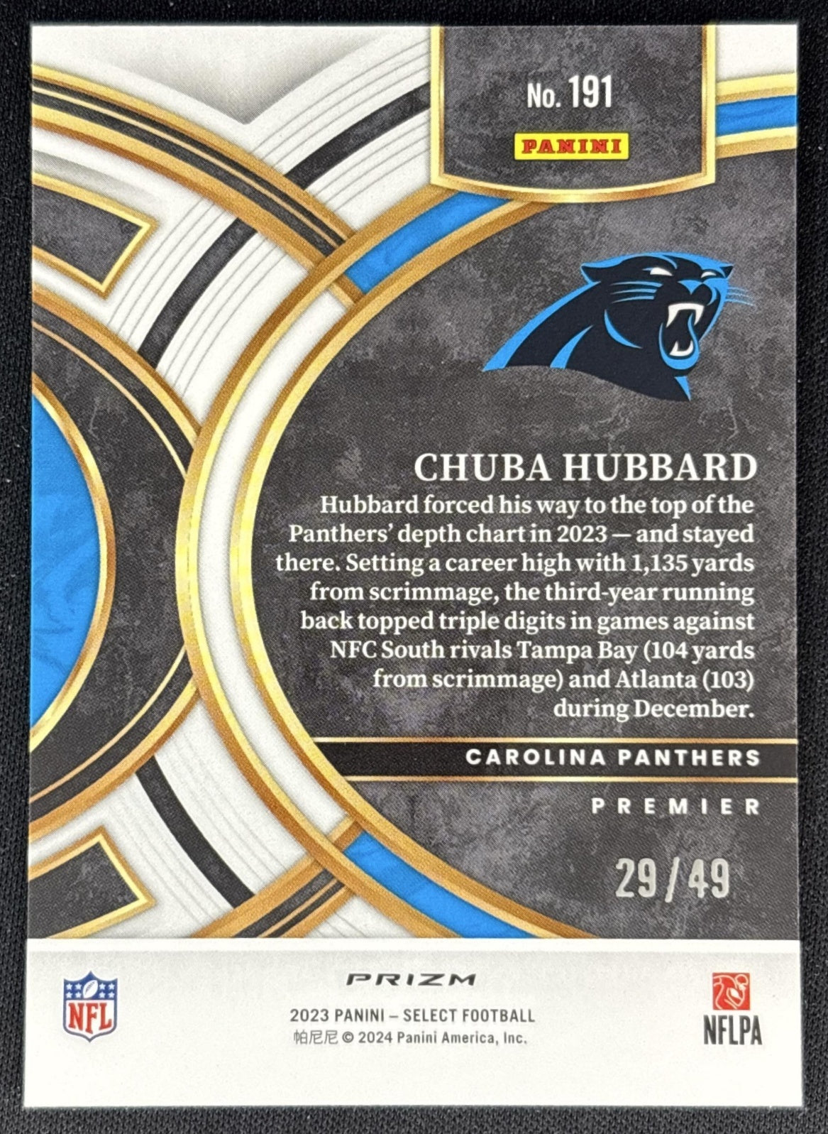 Chuba Hubbard 2023 Panini Select Disco Red Prizms /49 Panthers back