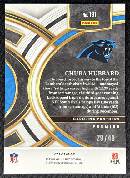 Chuba Hubbard 2023 Panini Select Disco Red Prizms /49 Panthers back