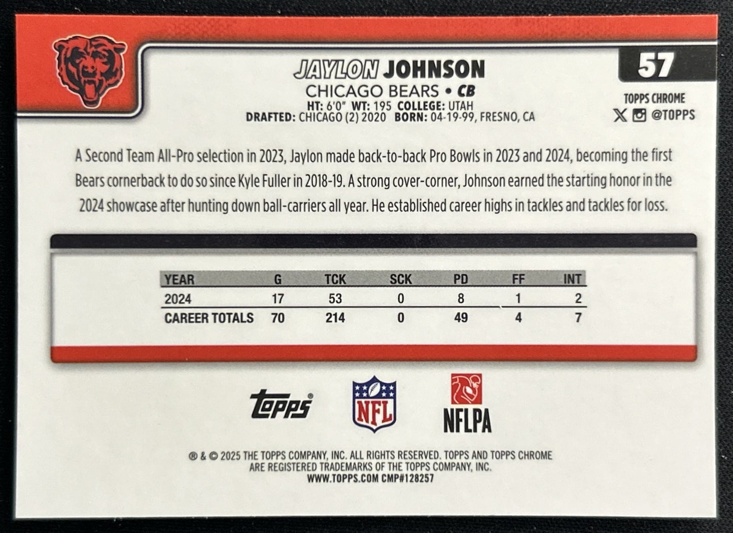 Jaylon Johnson 2025 Topps Chrome Bears