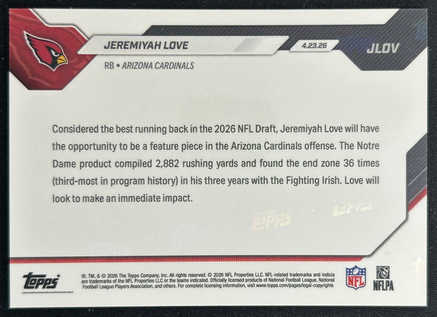 Jeremiyah Love 2026 Topps Now 3rd Pick #JLOV Cardinals back