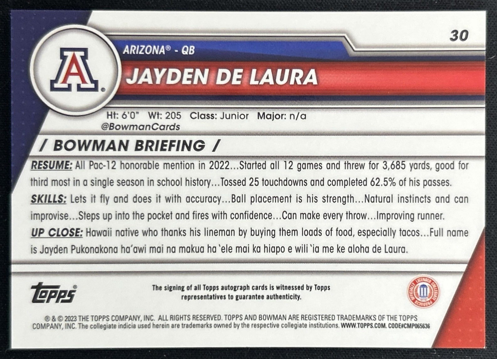 Jayden De laura 2023 Bowman University Chrome Prospect Auto Wildcats back