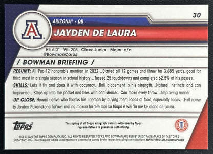 Jayden De laura 2023 Bowman University Chrome Prospect Auto Wildcats back