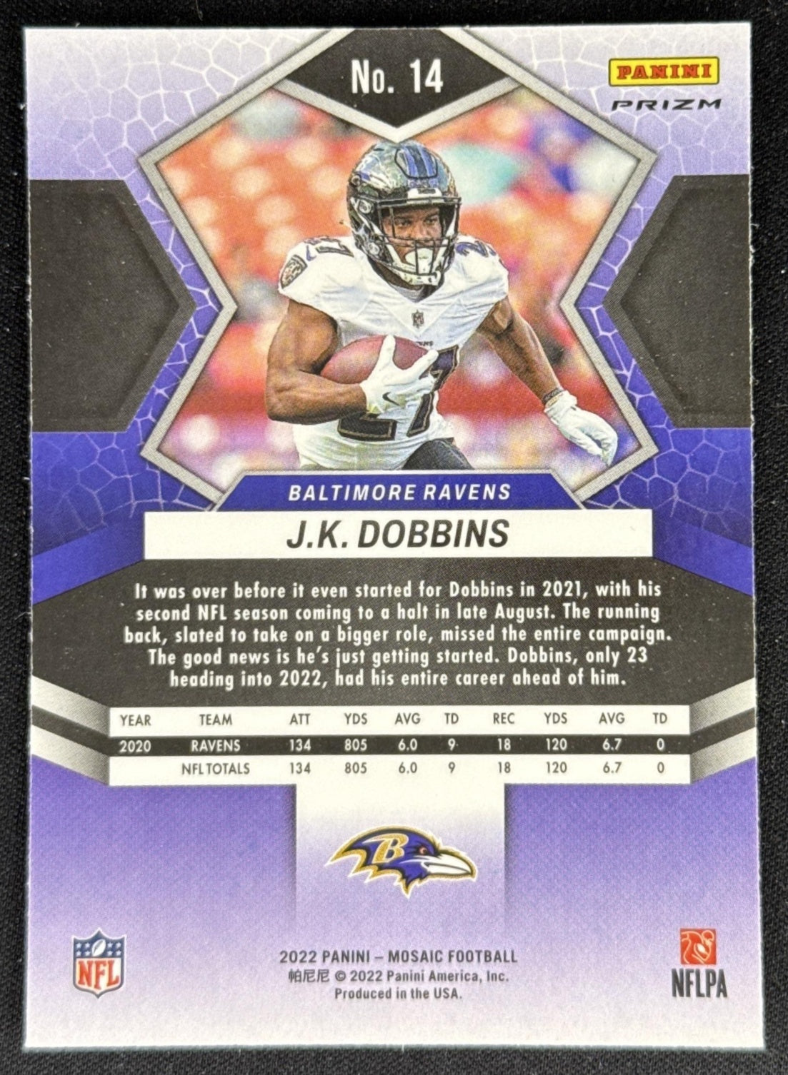 J.K. Dobbins 2022 Panini Mosaic Camo Pink Ravens Sports Trading Card