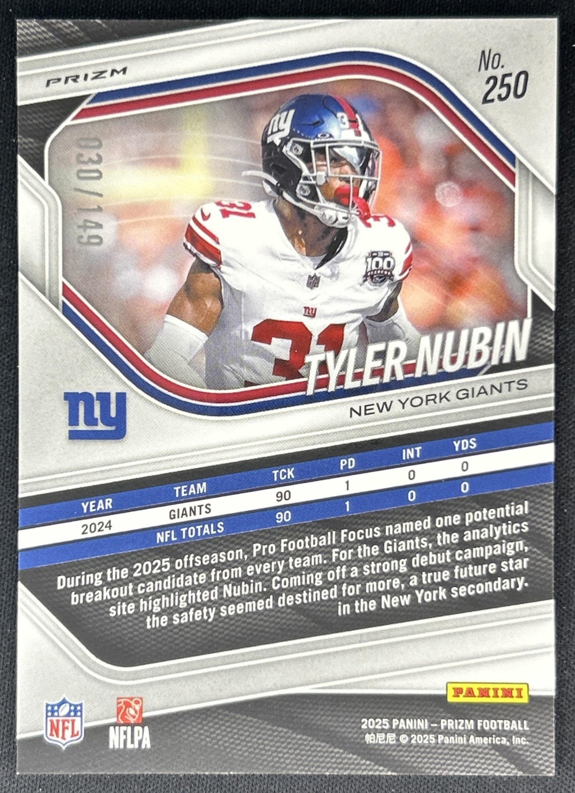 Tyler Nubin 2025 Panini Prizm Red Wave /149 Giants Back