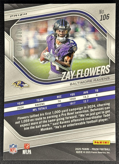 Zay Flowers 2025 Panini Prizm Pandora /400 Ravens Sports Trading Cards