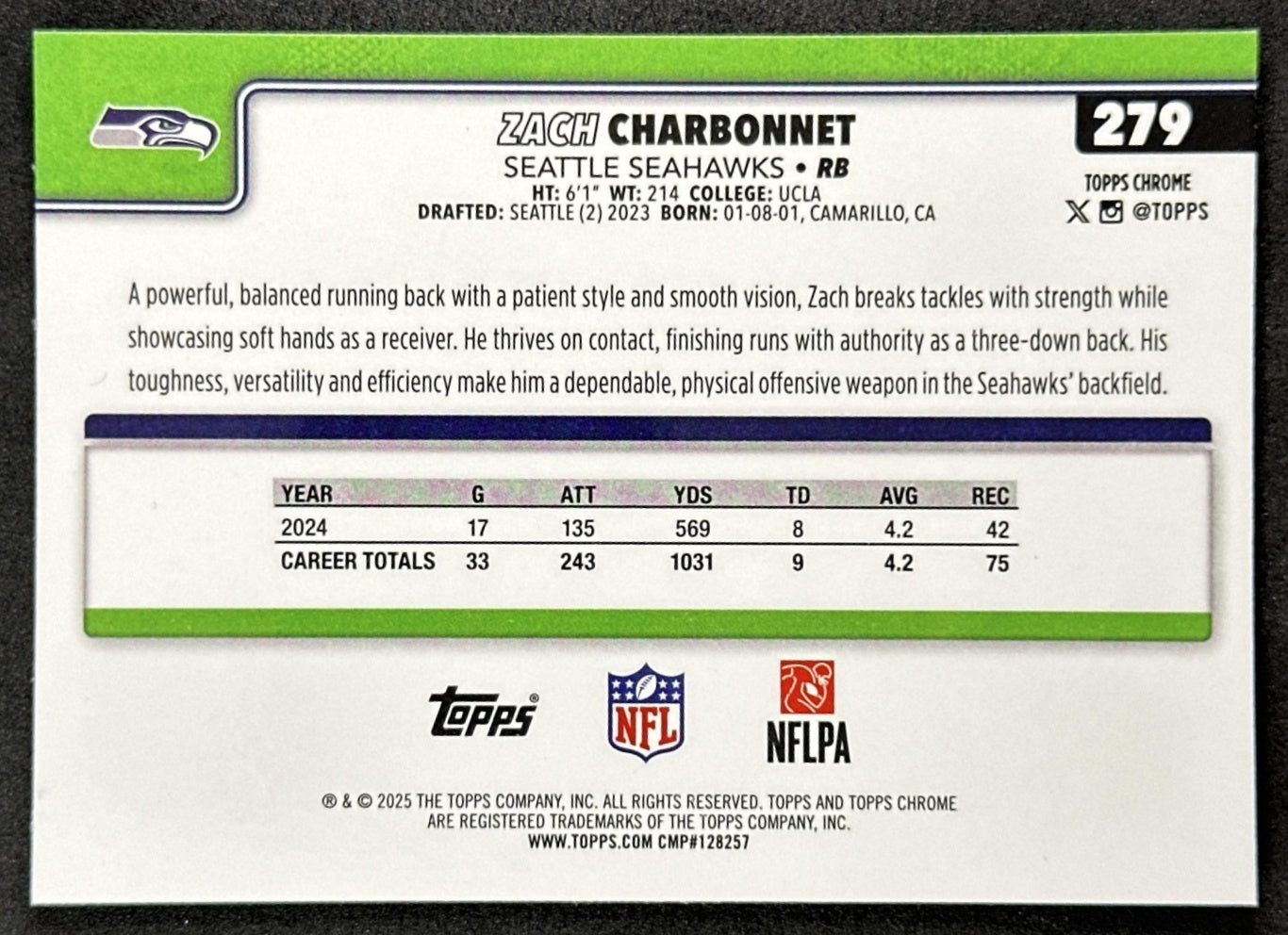 Zach Charbonnet 2025 Topps Chrome Sapphire Seahawks Sports Trading Card