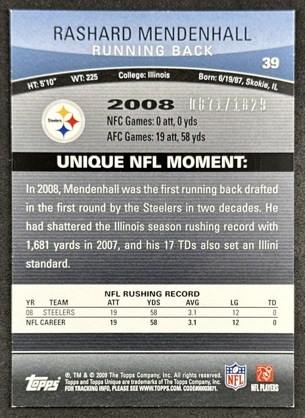 Rashard Mendenhall 2009 Topps Unique /1829 Steelers Sports Trading Cards