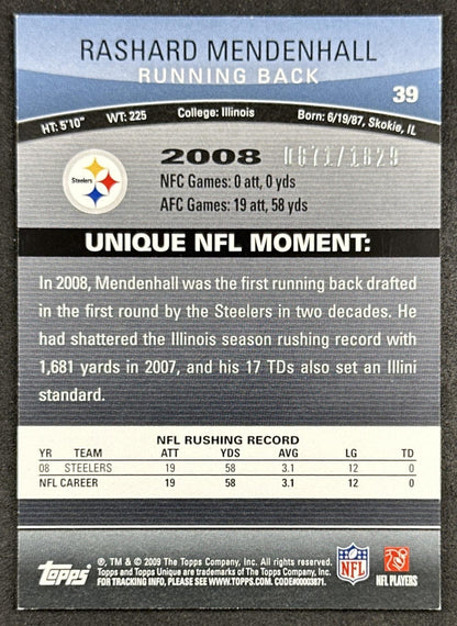 Rashard Mendenhall 2009 Topps Unique /1829 Steelers Sports Trading Cards