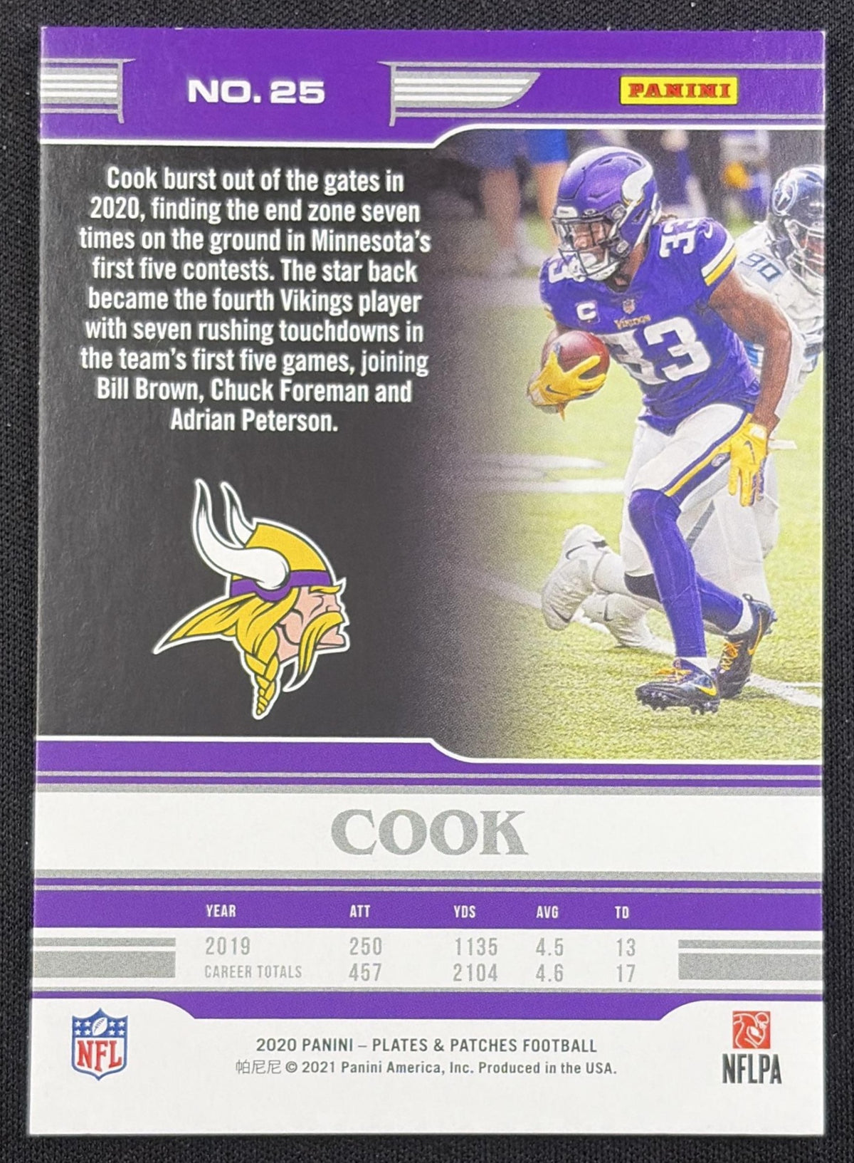 Dalvin Cook 2020 Panini Plates & Patches Orange /65 Vikings Minnesota Vikings