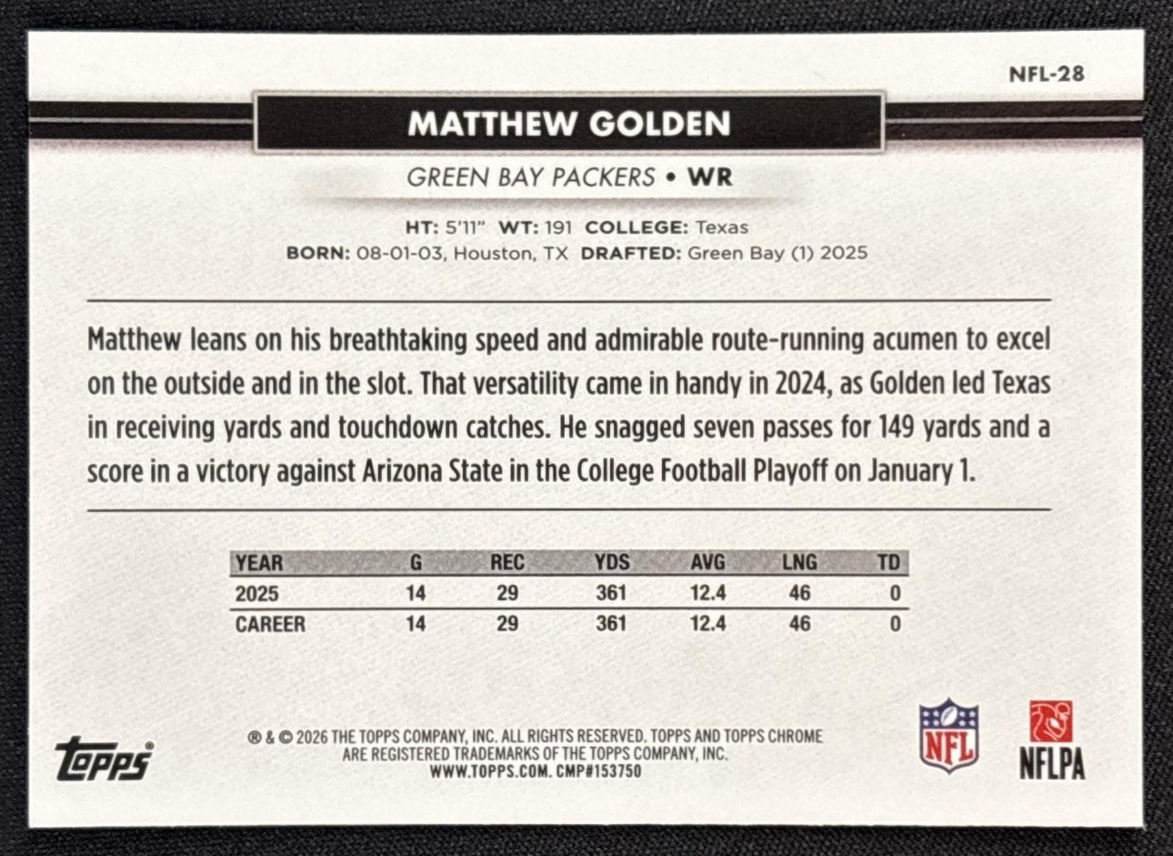 Matthew Golden 2026 Topps NSCC Collection NFL Packers Sports Trading Cards