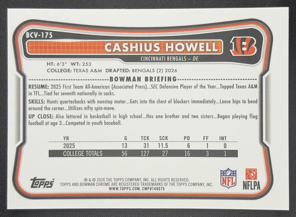 Cashius Howell 2026 Bowman Chrome NFL Speckle Refractor Bengals