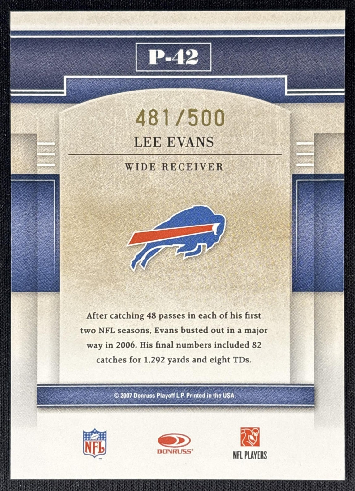 Lee Evans 2007 Donruss Gridiron Gear Performers Gold /500 Bills back