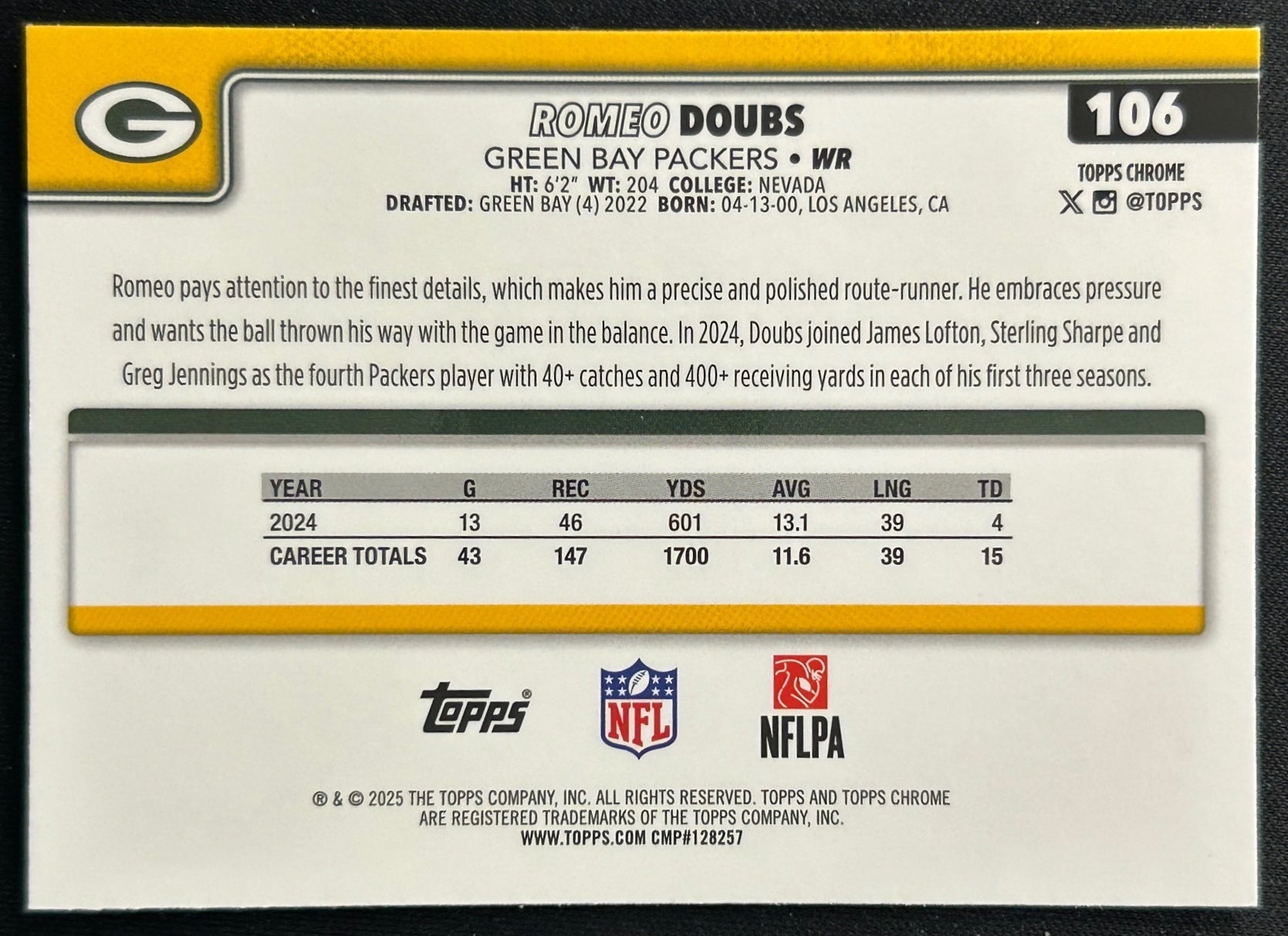 Romeo Doubs 2025 Topps Chrome Packers Sports Trading Cards
