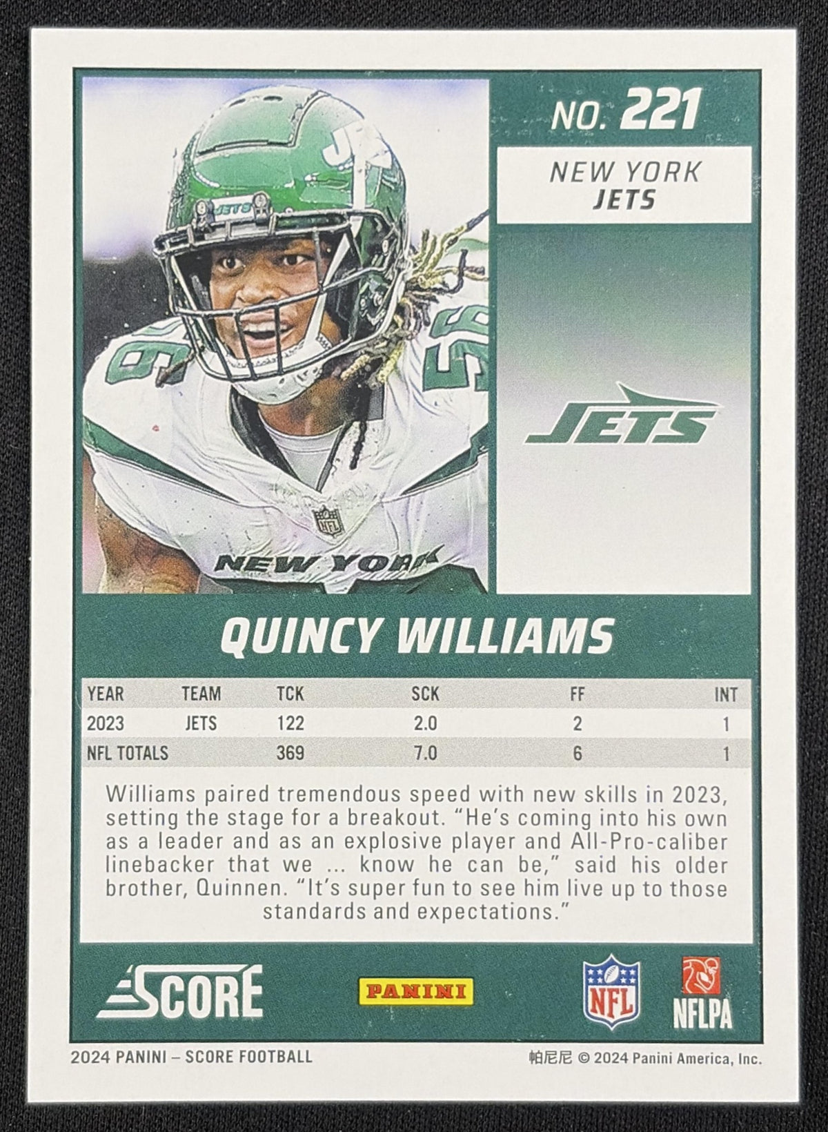 Quincy Williams 2024 Panini Score Showcase /100 New York Jets