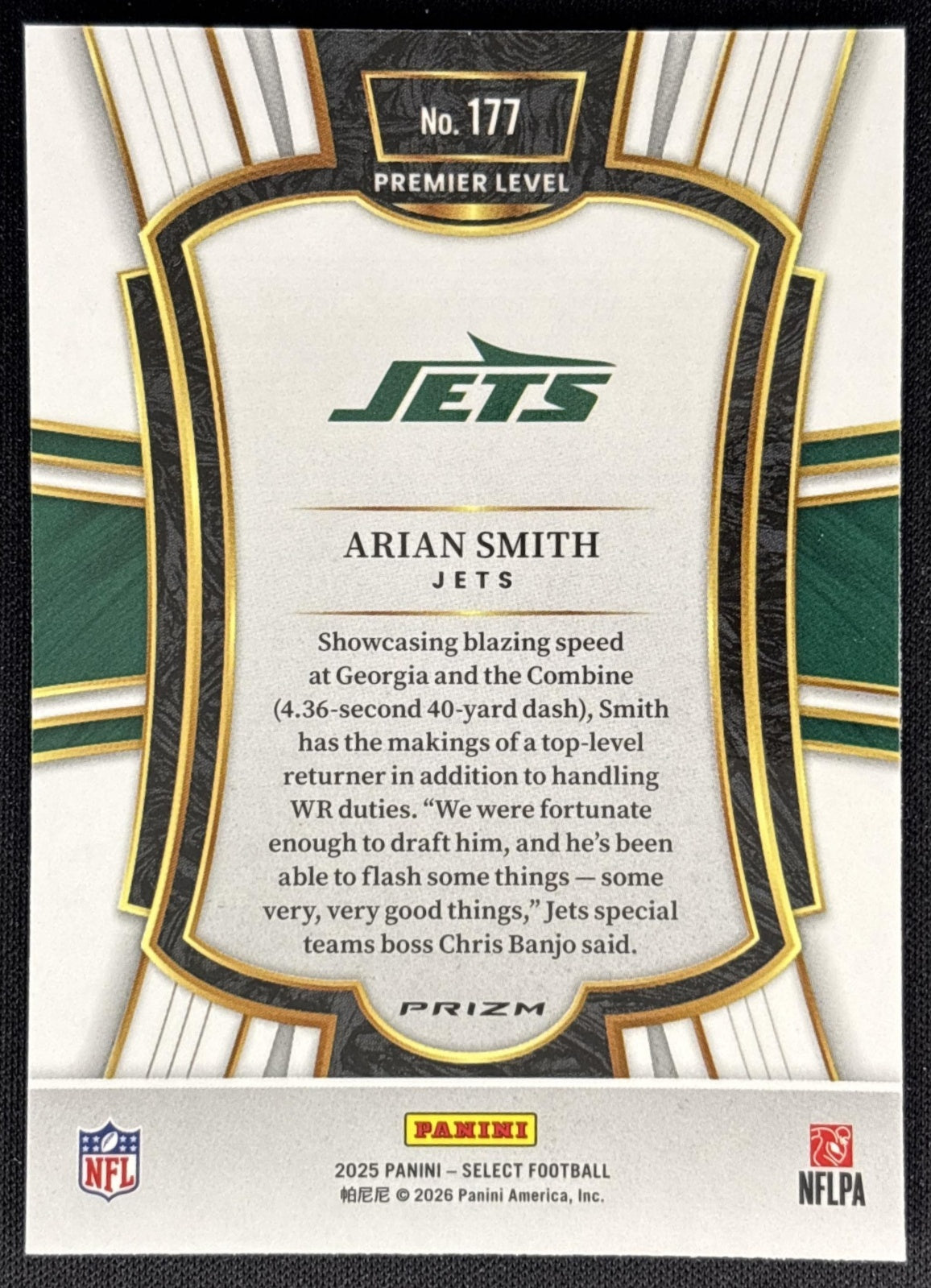 Arian Smith 2025 Panini Select Premier Level Pink Prizm Shock Jets back