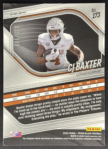 CJ Baxter 2025 Panini Prizm Black Prospects Blue /199 Longhorns Sports Trading Cards