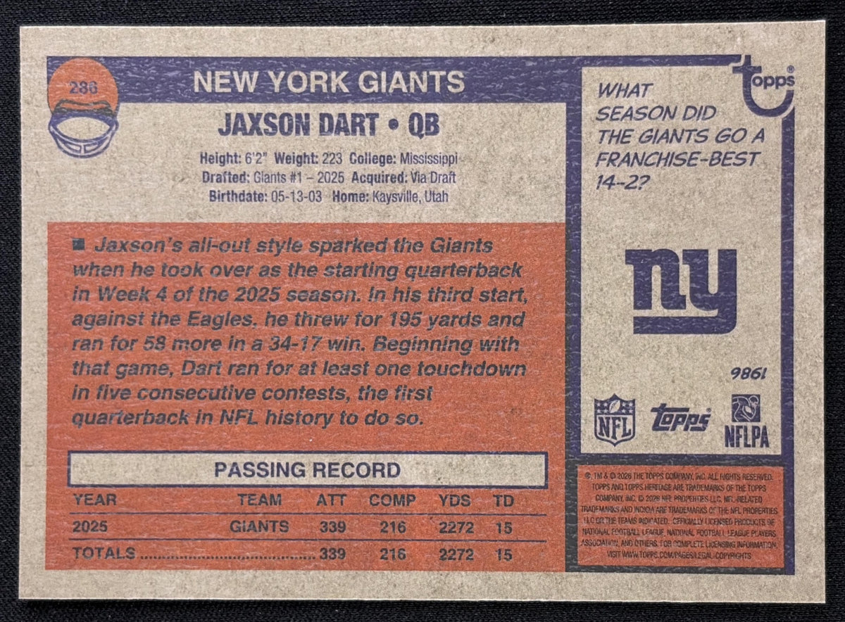 Jaxson Dart 2026 Topps Heritage Chrome Blue Refractor /150 Giants Sports Trading Card