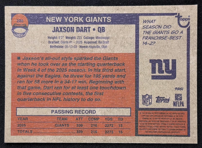 Jaxson Dart 2026 Topps Heritage Chrome Blue Refractor /150 Giants Sports Trading Card