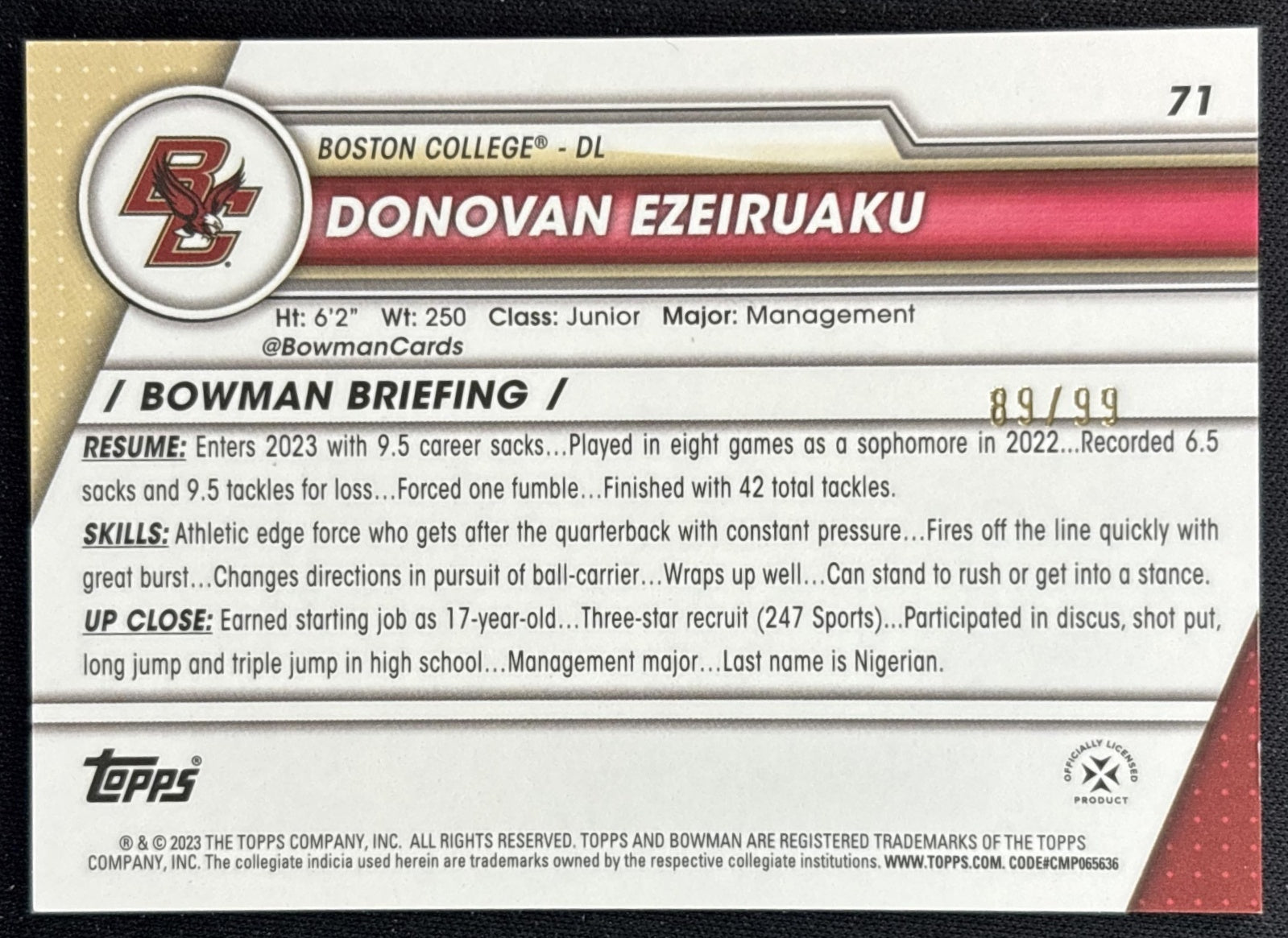 Donovan Ezeiruaku 2023 Bowman University Chrome Green Refractor /99 Eagles Back