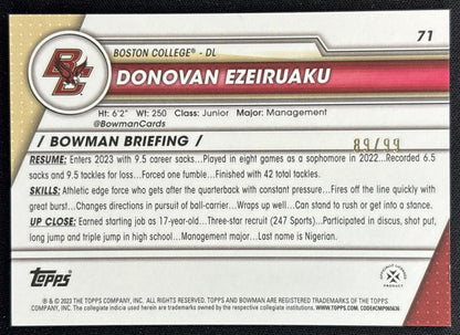Donovan Ezeiruaku 2023 Bowman University Chrome Green Refractor /99 Eagles Back