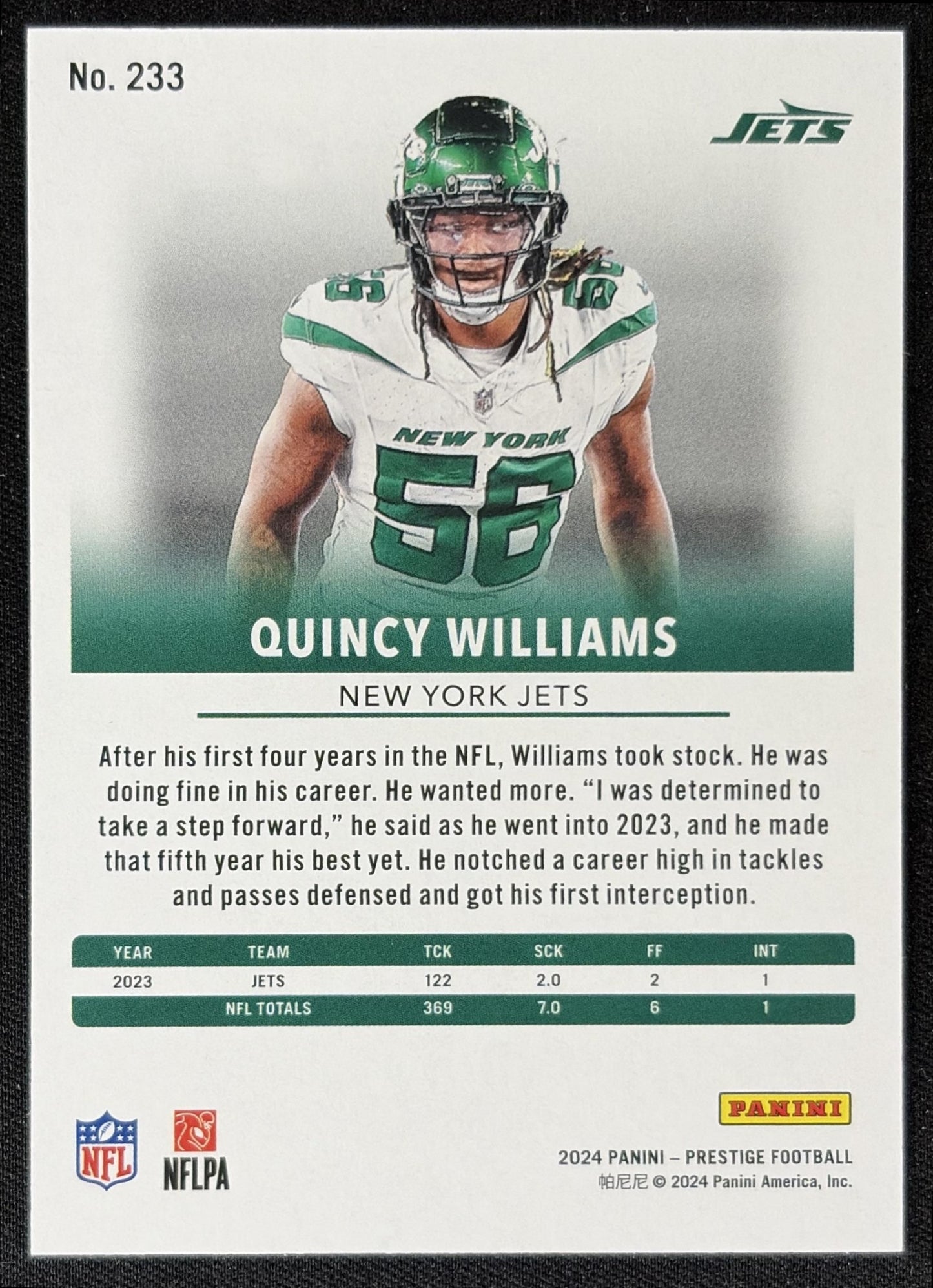 Quincy Williams 2024 Panini Prestige Red Premium Xtra Points /399 Jets
