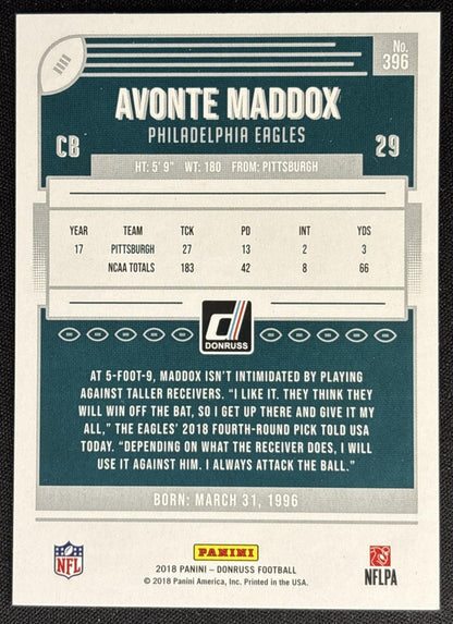 Avonte Maddox 2018 Panini Donruss Eagles Sports Trading Card