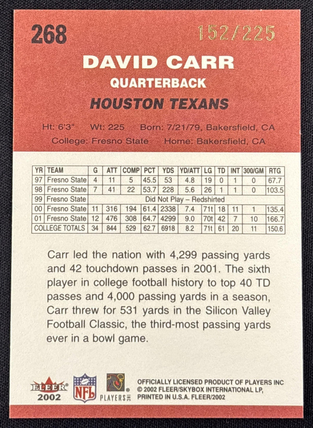 David Carr 2002 Fleer Tiffany /225 Texans
